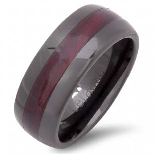 Black Ceramic Men's Ladies Unisex Ring Wedding Band 8MM Dome Shaped Polished Shiny Dark Cherry Wood Inlay Comfort Fit (Available in Sizes 8 to 12)