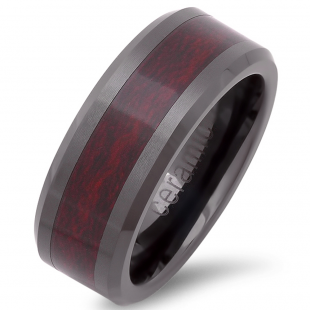 Black Ceramic Men's Ladies Unisex Ring Wedding Band 8MM Flat Polished Shiny Beveled Edge Dark Cherry Wood Inlay Comfort Fit (Available in Sizes 8 to 12)