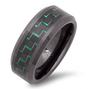 Black Ceramic Men's Ladies Unisex Ring Wedding Band 8MM Flat Polished Shiny Beveled Edge Green Carbon Fiber Inlay Comfort Fit (Available in Sizes 8 to 12)