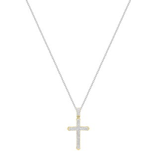 Round Lab Grown White Diamond (Unisex) Gothic Cross Pendant with 18 inch Silver Chain (0.30 ctw, Color H-I, Clarity SI2) in 10K Yellow Gold
