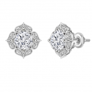 925 Sterling Silver Flower Stud Earrings, IGI Certified 2.65 CT Cushion and Round Lab Grown Diamond in Screw Back