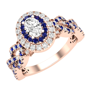 Lab Grown Center Oval and Side Round White Diamond with Round Blue Sapphire Alternate Interweaving Double Halo Wedding Ring for Women in 18K Rose Gold