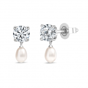 925 Sterling Silver Drop Earrings, 6x4mm Cultured Freshwater Pearl & 1.00 CTRound Cubic Zirconia in Push Back
