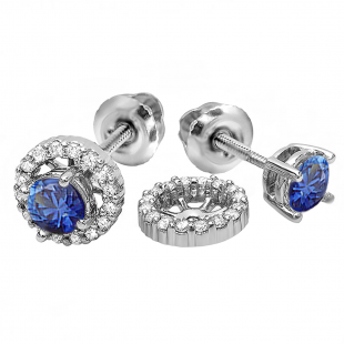 1.10 Carat (ctw) 14k White Gold Round Blue Sapphire & White Diamond Ladies Halo Stud Earrings With Removable Jackets 1 1/10 CT