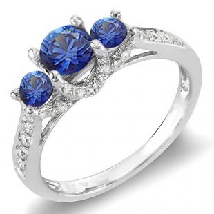 1.00 Carat (ctw) 14k White Gold Round White Diamond And Blue Sapphire 3 Stone Ladies Bridal Engagement Ring