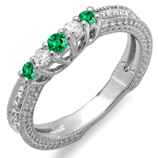 0.45 Carat (ctw) 10k White Gold Round Green Emerald And White Diamond Ladies Anniversary Wedding Band Guard Enhancer Ring 1/2 CT