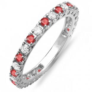 1.00 Carat (ctw) 10K White Gold Round Ruby And White Diamond Eternity Sizeable Stackable Ring Anniversary Wedding Band 1 CT