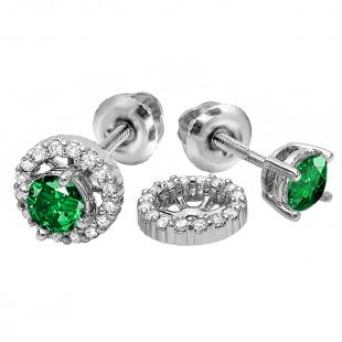 1.10 Carat (ctw) 14k White Gold Round Green Emerald & White Diamond Ladies Halo Stud Earrings With Removable Jackets 1 1/10 CT