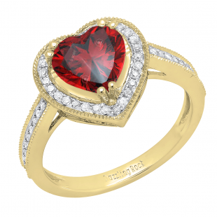 8 MM Heart Garnet & Round White Diamond Bridal Halo Engagement Band Ring, 18KW White  Gold