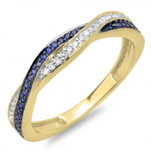 0.35-0.40 Carat (ctw) 18K Yellow Gold Round White Diamond and Blue Sapphire Ladies Stackable Anniversary Wedding Band Swirl Ring