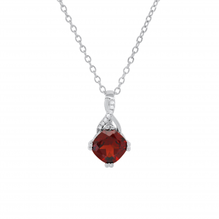 7X7 mm Cushion Garnet & 0.02 ct Round White Diamond Swirl Spilt Shank Ladies Pendant with Silver Chain 18 Inch | 10K White Silver