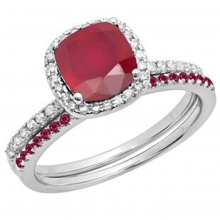 1.83 Carat (ctw) Cushion & Round Ruby with White Diamond Halo Style Wedding Ring with Matching Band for Her in 950 Platinum