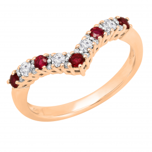 Round Ruby & 0.18 CT White Diamond Alternating Style Chevron Stackable Wedding Ring for Her in 14K Rose Gold