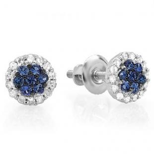 0.30 Carat (ctw) 10K White Gold Blue Sapphire & White Diamond Ladies Cluster Flower Stud Earrings 1/3 CT