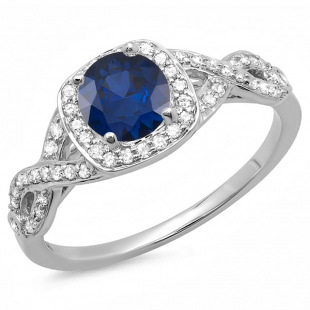 1.00 Carat (ctw) 10K White Gold Round Blue Sapphire & White Diamond Ladies Swirl Split Shank Halo Engagement Ring 1 CT