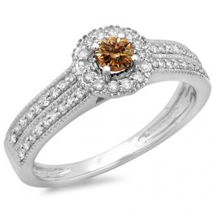 0.50 Carat (ctw) 14K White Gold Round Champagne & White Diamond Ladies Bridal Halo Style Cluster Engagement Ring 1/2 CT