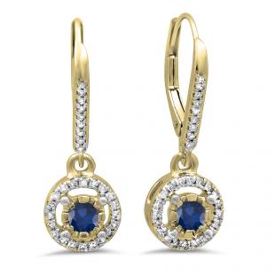 0.50 Carat (ctw) 18K Yellow Gold Round Cut Blue Sapphire & White Diamond Ladies Cluster Halo Style Dangling Drop Earrings 1/2 CT