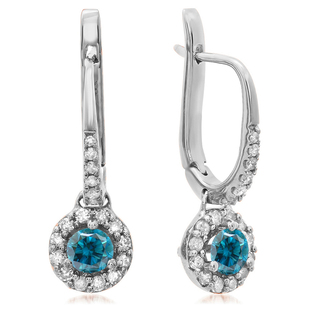 10K White Gold Round Blue & White Diamond Ladies Halo Style Dangling Drop Earrings
