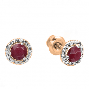 0.35 Carat (ctw) 18k Rose Gold Round Ruby & White Diamond Halo Stud Earrings