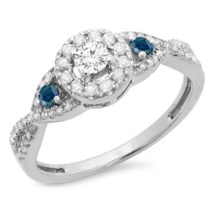 0.60 Carat (ctw) 10K White Gold Round Blue & White Diamond Ladies 3 Stone Swirl Halo Style Vintage Bridal Engagement Ring