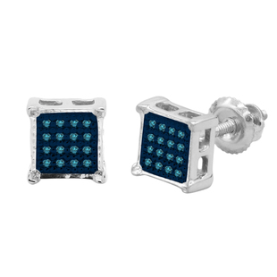 0.10 Carat (ctw) 18K Yellow Gold Plated Sterling Silver Blue Diamond V-Prong Square Mens Hip Hop Iced Stud Earrings