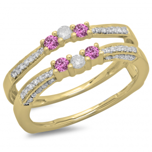 0.50 Carat (ctw) 14K Yellow Gold Round Cut Pink Sapphire & White Diamond Ladies Anniversary Wedding Band Enhancer Guard Double Ring 1/2 CT