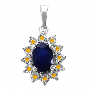1.00 Carat (ctw) Kate Middleton Diana Replica 14K White Gold Real Round Citrine With Real Oval Blue Sapphire Ladies Pendant