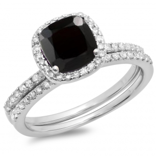 1.75 Carat (ctw) 10K White Gold Cushion Cut Black Sapphire & Round Cut White Diamond Ladies Bridal Halo Engagement Ring With Matching Band Set 1 3/4 CT