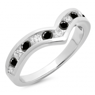 0.60 Carat (ctw) 10K White Gold Round Black & White Diamond Wedding Stackable Band Anniversary Guard Chevron Ring