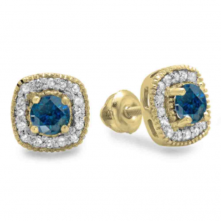 0.75 Carat (ctw) 18K Yellow Gold Round Cut Blue & White Diamond Ladies Halo Stud Earrings 3/4 CT