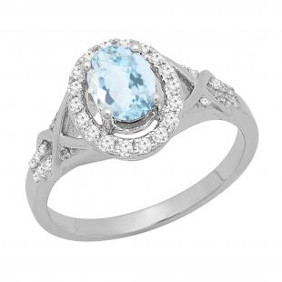7x5mm Oval Aquamarine & Round White Diamond Split Shank Halo Engagement Ring for Women (0.25 ctw, Color I-J, Clarity I2-I3) 10K White Gold