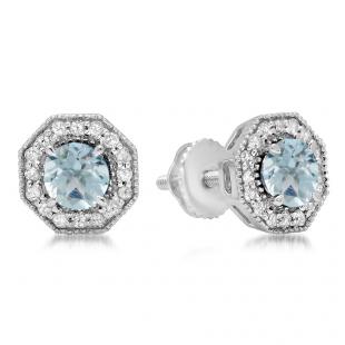 1.50 Carat (ctw) 10K White Gold Round Cut Aquamarine & White Diamond Ladies Halo Style Stud Earrings 1 1/2 CT