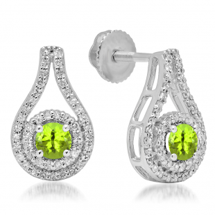 1.10 Carat (ctw) 18K White Gold Round Cut Peridot & White Diamond Ladies Halo Style Drop Earrings 1 CT