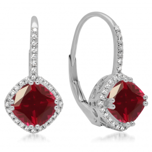 2.20 Carat (ctw) 14K White Gold Cushion Cut Ruby & Round Cut White Diamond Ladies Halo Style Dangling Drop Earrings