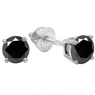 1.00 Carat (Ctw) Sterling Silver Round Cut Black Sapphire Ladies Solitaire Stud Earrings 1 CT