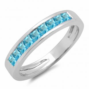 0.75 Carat (ctw) 14K White Gold Princess Cut Blue Topaz Ladies Anniversary Wedding Band Stackable Ring 3/4 CT