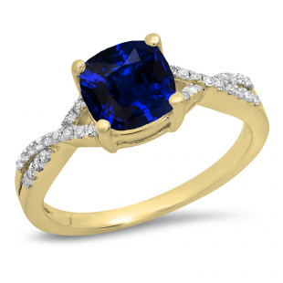 1.45 Carat (ctw) 10K Yellow Gold Cushion Cut Blue Sapphire & Round White Diamond Ladies Swirl Split Shank Bridal Engagement Ring 1 1/2 CT