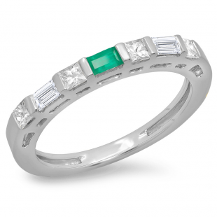 0.60 Carat (ctw) 10K White Gold Baguette Cut Emerald & Princess & Baguette Cut Diamond Ladies Anniversary Wedding Band Stackable Ring