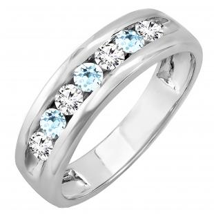14K White Gold Round Aquamarine & White Diamond Men's Fashion Wedding Band