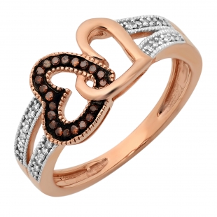 0.15 Carat (ctw) 10K Rose Gold Round Champagne & White Diamond Ladies Split Shank Double Heart Love Promise Ring