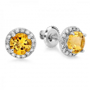 2.00 Carat (ctw) 14k White Gold Round Yellow Citrine & White Diamond Ladies Halo Style Stud Earrings 2 CT
