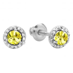 0.50 Carat (ctw) 14K White Gold Round Yellow Sapphire & White Diamond Ladies Halo Style Stud Earrings 1/2 CT