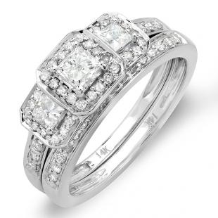Certified 1.00 Carat (ctw) 14k White Gold Round & Princess Cut 3 Stone Diamond Ladies Engagement Ring Matching Band Set