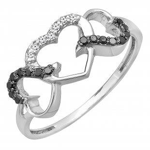 0.15 Carat (ctw) 10k White Gold Round Black and White Diamond Ladies Promise Three Heart Infinity Love Engagement Ring