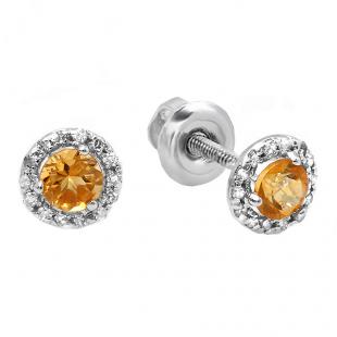 0.75 Carat (ctw) 10K White Gold Round Citrine & White Diamond Ladies Halo Style Stud Earrings 3/4 CT