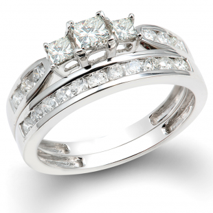 1.00 Carat (ctw) 14k White Gold Princess & Round 3 Stone Diamond Ladies Bridal Ring Set Engagement Set