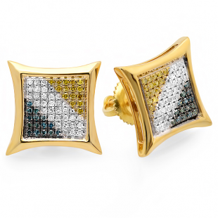 0.33 Carat (ctw) 18k Yellow Gold Plated Sterling Silver Blue White & Yellow Round Diamond Micro Pave Setting Kite Shape Stud Earrings 1/3 CT