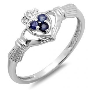 0.15 Carat (ctw) 10k White Gold Round Diamond and Blue Sapphire Ladies Bridal Promise Irish Love and Friendship Band Claddagh Heart Shape Ring