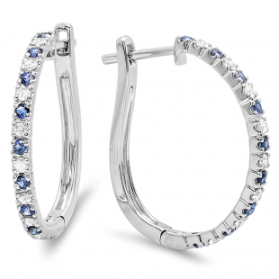 0.50 Carat (ctw) 10k White Gold Round Blue Sapphire and White Diamond Ladies Hoop Earrings 1/2 CT