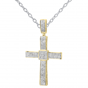 1.00 Carat (Ctw) Round White Diamond Filled Dangling Bale Square Centre Religious Cross Hip Hop Men\'s Pendant With 18 Inch Silver Chain | Yellow Gold Plated Silver